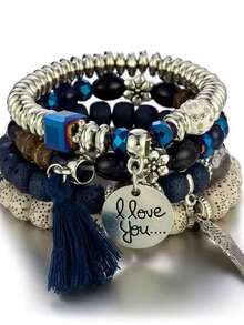 4 件新款波西米亚风格流苏多层串珠手链，女士时尚珠宝 - 米色 - 查看 10