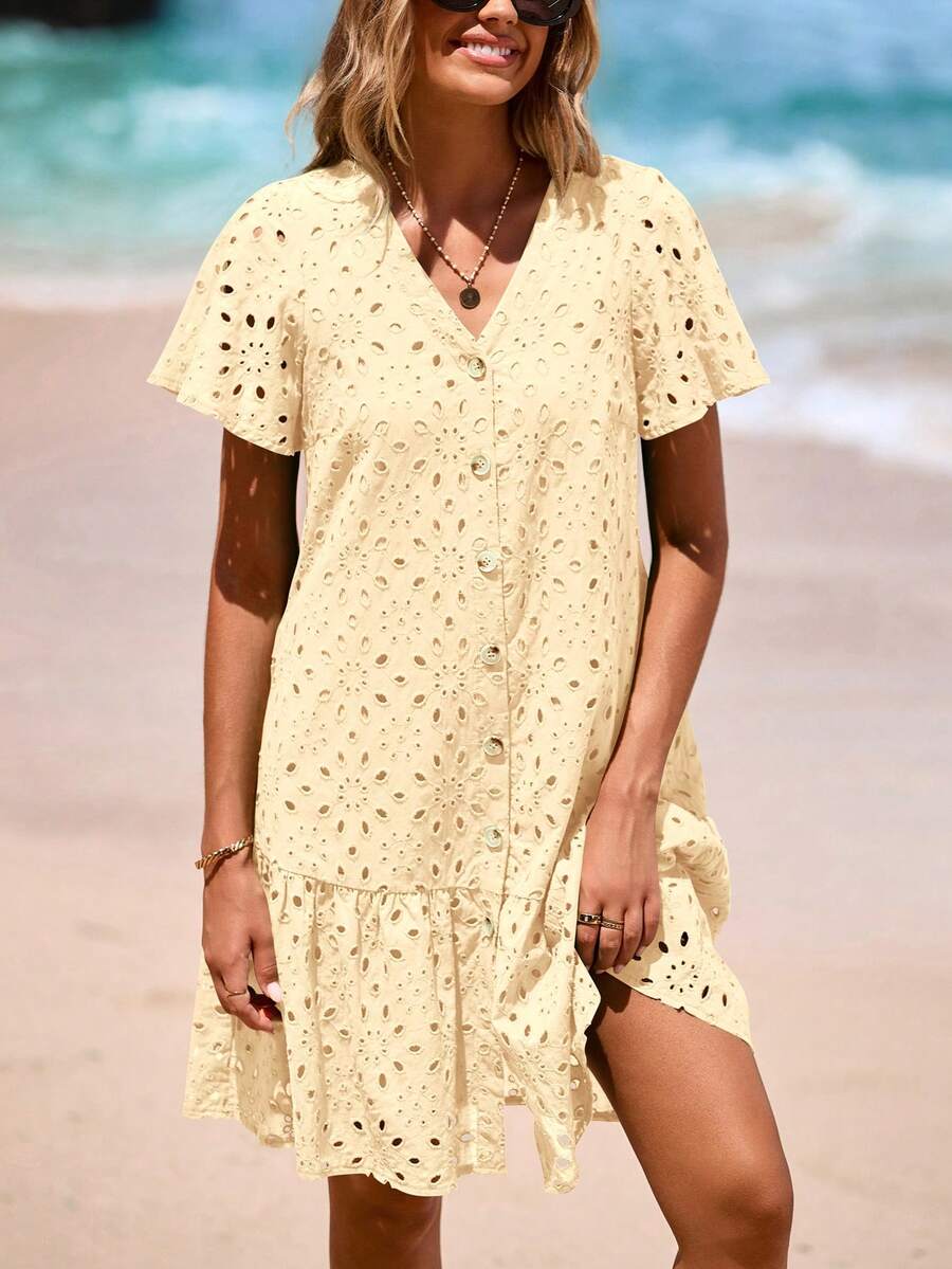 Women's Summer Dresses Cut-Out Lace A-Line Casual Button Decoration V-Neck Short Sleeve Dresses - Beige - View 1