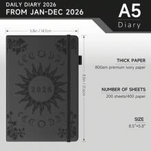 Sailingvan 1 本日记本 2026 年每日一页 A5，从 2026 年 1 月到 2026 年 12 月，带月视图的预约簿，带松紧带封口，笔环，彩色标签，内袋，A5（5.7 英寸 X 8.3 英寸） - A5 - 查看 2