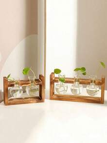 1pc Creative Wooden Frame Hydroponic Flower Vase, Terrarium For Greenery, Home/Office Desktop Decor - Retro color - View 8