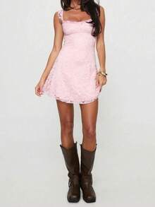 Elegant Fashion Ruffle Strap Bow Decor Lace Patchwork Sleeveless Bodycon Mini Dress - Pink - View 6