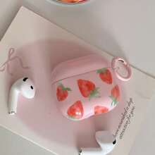 Summer Korea Style Pink Strawberry Design Earphone Case + Strap Suitable Compatible With Apple Pro 2/Pro/3/4/2 Case, Fashion/Cute/Fruit Wireless Earbuds Protective Cover