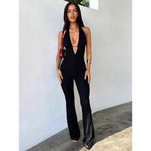 Women's Solid Backless Deep V Neck Tie Back Jumpsuit, Casual Fashion Sleeveless Plunge Neck Jumpsuit Womenswear Overalls Comfort Basic Black - White - View 4