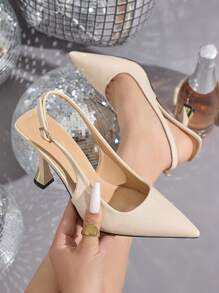 Women's Solid Color Pointed Toe High Heel Shoes, Slingback Ankle Strap Open Toe High Heels, Suitable For Outdoor Daily Wear, Commuting, Shopping, Party, Formal Occasions, Elegant And Versatile, Nude Comfortable PU Heels For Autumn