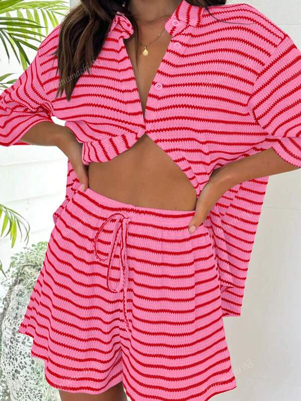 Knit Casual Striped Sports Tracksuit, Including Turndown Collar Button-Up Shirt Top & Elastic Waist Loose Shorts Set, Suitable For Daily Wear, Home, Travel, Business, Beach For Spring/Summer
