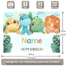 1 pieza Fondo de tela personalizable con tema de dinosaurio y feliz cumpleaños, diseño de patrón de príncipe dinosaurio de dibujos animados lindo y nombre personalizado, adecuado para decoración de fondo de fiesta de cumpleaños o baby shower con tema de dinosaurio, organizador de viaje - tipo E - Ver 4