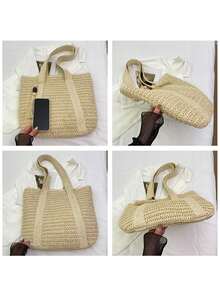 Large Capacity Tote Bag Hand-Held Straw Bag Shoulder Bag Seaside Vacation - Beige - View 5