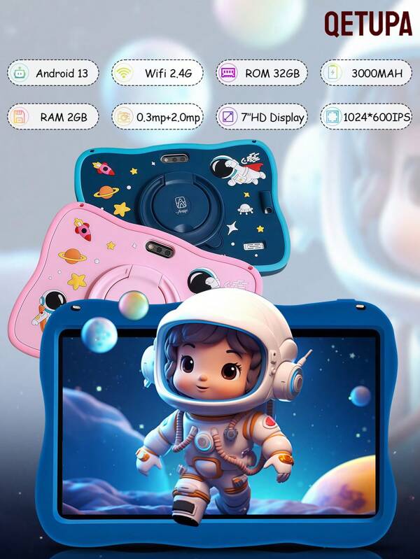 Qetupa Tableta para niños de 7 pulgadas, Astronauta Android 13 A133 con procesador Quad-Core de 1.6GHZ, 2GB RAM+32GB ROM, pantalla táctil IPS de 1024*600, batería de 3000mAh, cámara dual de 0.3MP+2.0MP, WiFi 2.4G 802.11b, con control parental, educativa, juegos, funda a prueba de golpes