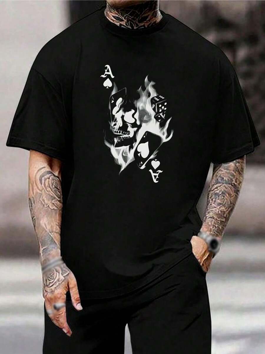 Camiseta de dados de llamas As de picas Calavera de hombre - Camiseta fresca de póker de casino - Ropa de calle para jugadores - Camiseta de moda para gente arriesgada y padres - Negro - Ver 1