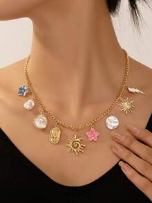 1 件时尚精致新款贝壳和海星金属项链，适合送给朋友的海滩风格礼物 - 金黃色 - 查看 6