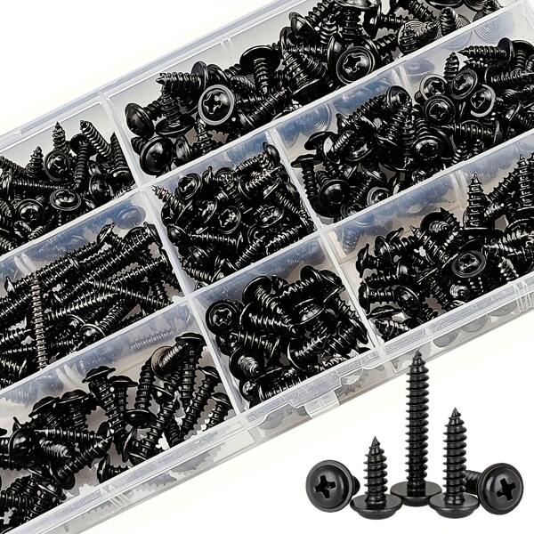Juego de 340 piezas de tornillos autoperforantes - Tamaños M3/M4/M3.5/M4.8, cabeza plana, acero al carbono negro para muebles de madera