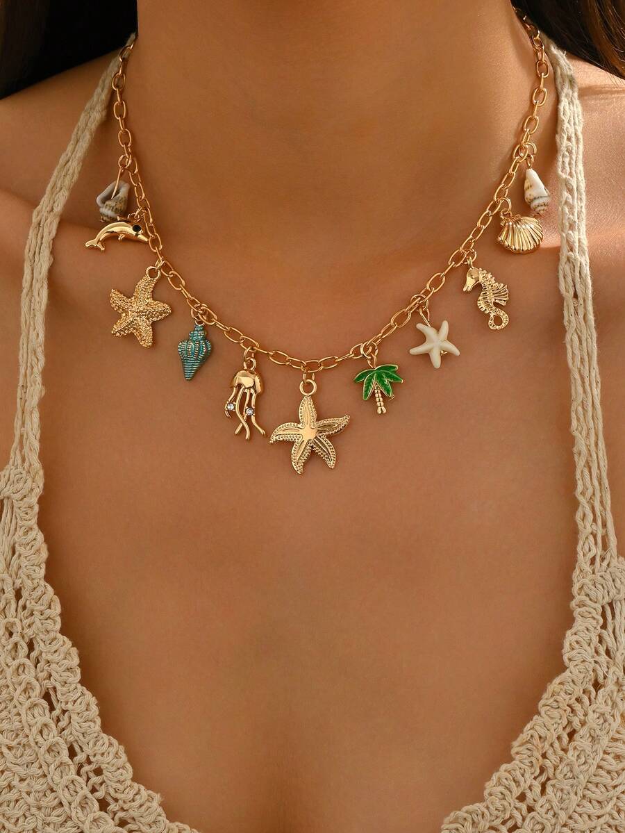 1 件夏季海洋主题多吊坠项链，带天然贝壳、合金海星、珐琅椰子树饰物，时尚珠宝适合日常穿着、海滩度假、派对穿着 - 彩色 - 查看 1
