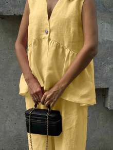 2pcs Women Casual Elegant Vacation Date Linen Top And Pants Set, Spring/Summer - Yellow - View 5