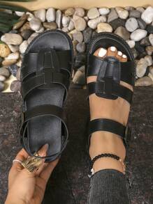 Women's Flat Sandals, New Thick Sole Black Sandals, Roman Style Non-Slip Versatile Fashion Sandals, Casual Summer Beach Sandals