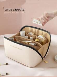 1 pièce Sac cosmétique imperméable à double couche, sac de maquillage en PU, sac de toilette de voyage en PVC, porte-pinceau de maquillage grande capacité, sac organisateur multifonction pour l'été, sac de voyage portable, sac de plage, boîte de rangement pour maquillage de salle de bain, convient pour le salon, la cuisine, la salle de bain, la Saint-Valentin, les demoiselles d'honneur, les anniversaires, les amis, les professeurs, les vacances, la mère, organisateur de voyage cosmétique, accessoires à fermeture éclair, manucure