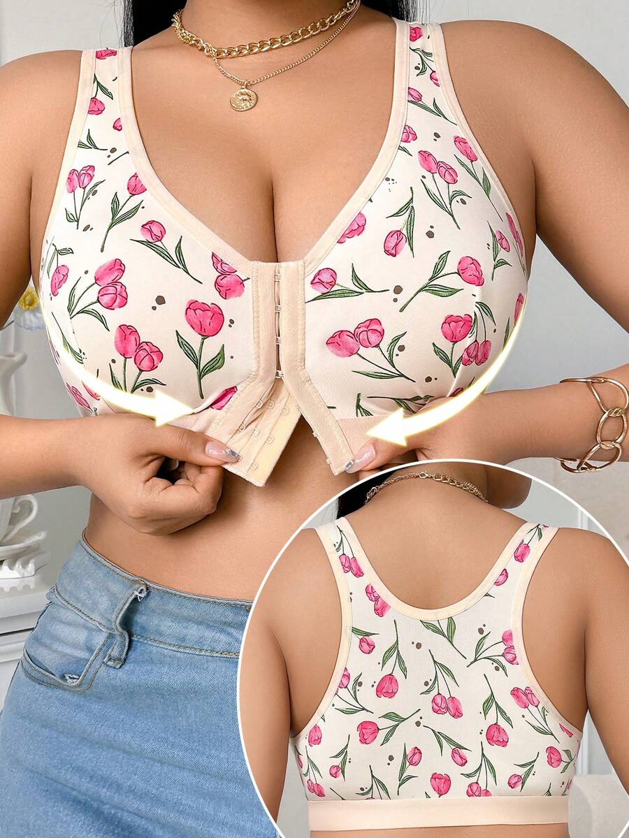 Áo ngực không gọng in họa tiết thoải mái cỡ lớn cài phía trước