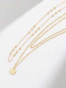 2pcs Layered Round Pendant Beaded Necklace For Women, Golden Color (Random Bead Quantity)