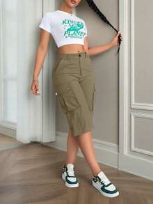 女士休闲复古工装中长短裤，带翻盖口袋，适合俱乐部、生日派对、商务场合、音乐会、健身房、郊游、机场、返校季、教师节、春季、夏季、秋季穿着。