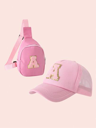 2pcs Girl Pink Letter Design Baseball Cap And Pouch Set, Boys' Breathable Casual Wear Outdoor Outfit