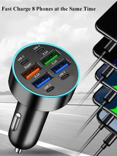 1 件装多端口快速充电 8 端口 USB 车载充电器集线器，适用于 Type-C PD，高速车载充电适配器带 USB 连接器，公对母，不含电池