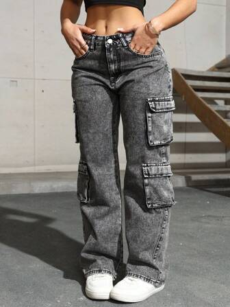 Flap Pocket Side Cargo Denim Jeans Simple Fashionable Daily Casual