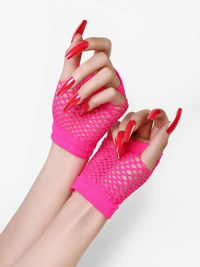 1 Pair Fingerless Neon Fishnet Gloves, Suitable For Women & Girls - Ideal For Themed Parties, Raves And Festivals - Vibrant Neon Wrist Cuffs Summer