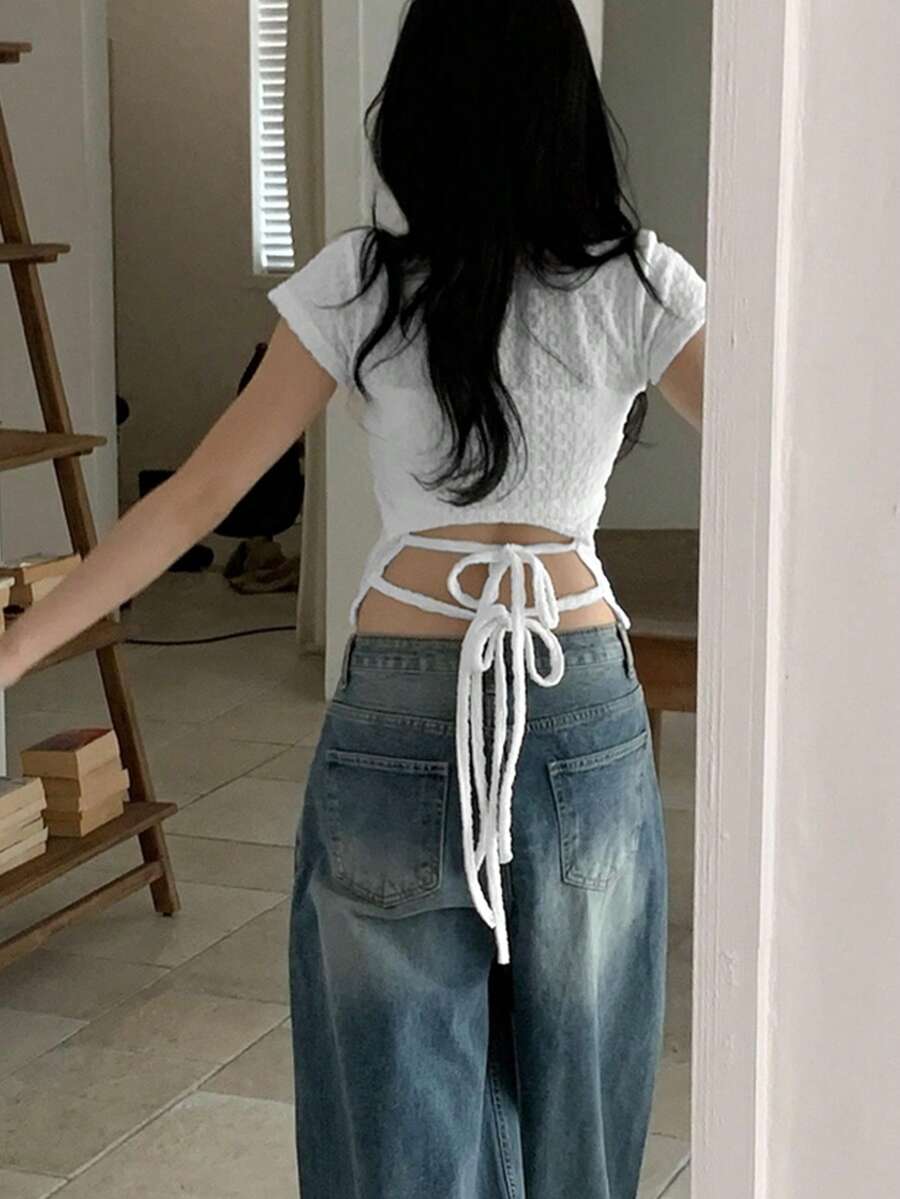 2025春夏时尚休闲女装系带短袖T恤 - 白色 - 查看 1