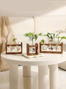 1pc Creative Wooden Frame Hydroponic Flower Vase, Terrarium For Greenery, Home/Office Desktop Decor - Retro color - View 2