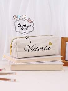 1 pieza Bolsa de lápices de pana con transferencia térmica personalizada, estuche de lápices personalizado con texto personalizado - gran capacidad, bolsa de almacenamiento, de vuelta a la escuela, útiles escolares