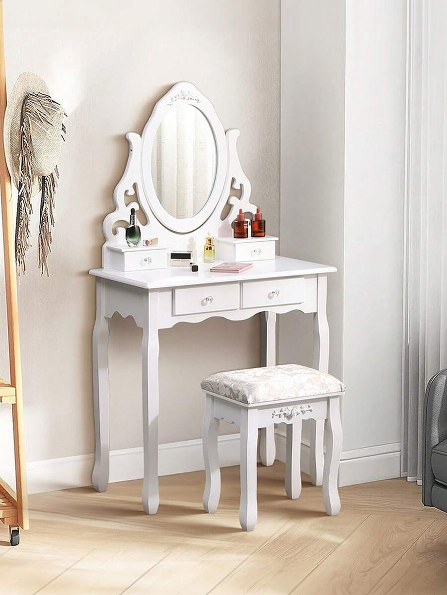 LIVINGANDHOME Living And Home 1PC Luxury Makeup Vanity Desk With Oval Mirror & Stool (Multiple Drawers) For Bedroom - White - View 1