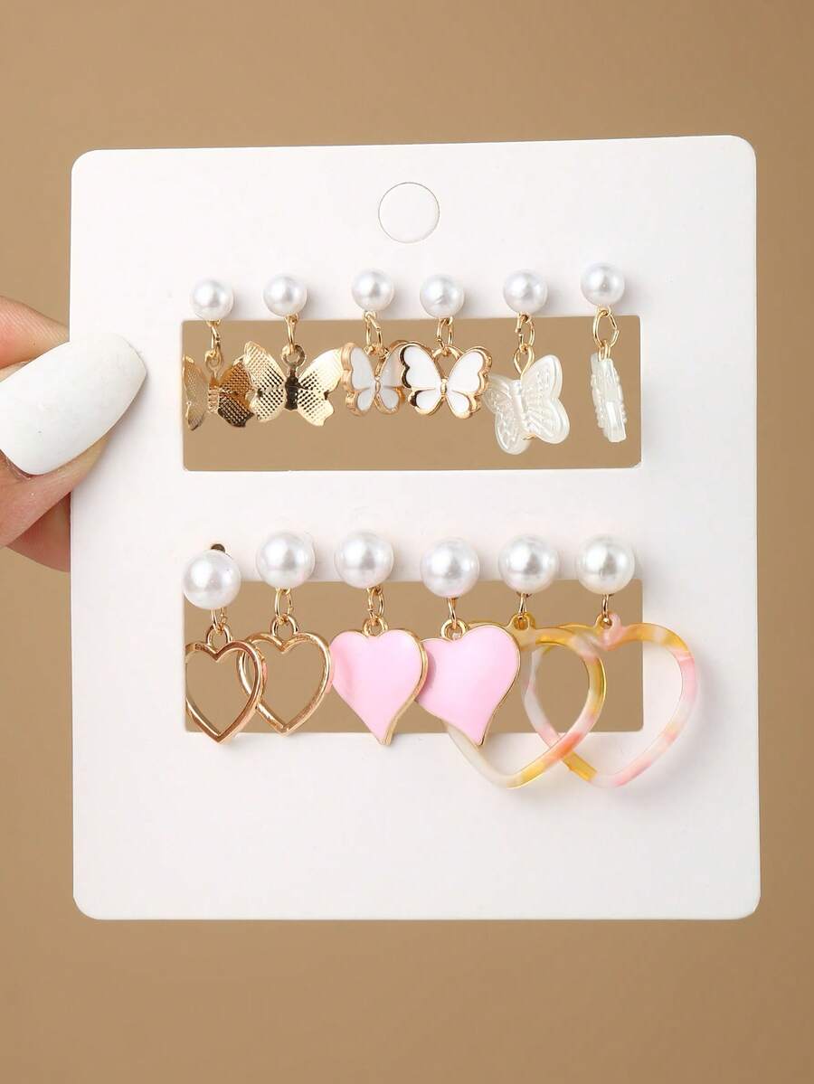 6 Pairs/Set Fashion Cute Butterfly & Heart Faux Pearl Earrings Jewelry Set, Suitable For Wedding & Girls