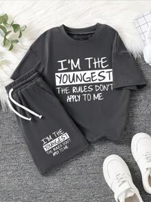 Tween Boy Letter Print Round Neck Short Sleeve T-Shirt And Shorts Set