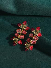 法式奢华金叶水晶吊坠耳环，方晶锆石，渐变色设计，18K镀金