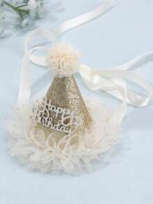 1件装女孩闪亮生日发箍，香槟金银色3D高顶礼帽，米色薄纱饰边，“生日快乐”3D字母，生日派对发饰 - 彩色 - 查看 6