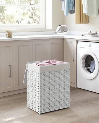 Cestino Portaoggetti, Cesta Portabiancheria da 90L con Coperchio, Pieghevole, Sacco in Tessuto Rimovibile con Manici, Soggiorno Camera da letto Lavanderia,  Bianco Neve