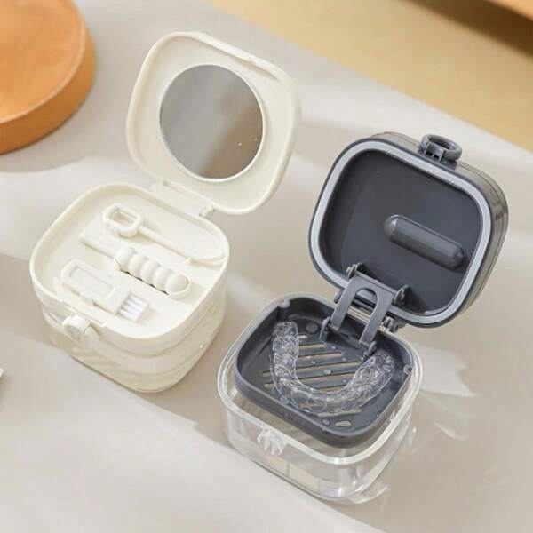 1pc Portable Denture & Invisible Braces Soak Box Invisible Braces & Retainer Storage Case Dental Accessory Holder Travel Organizer With Lid Oral Care Storage Case Battery-Free Orthodontic Retainer Cleaning Box For Invisible Braces