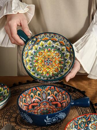 1 pièce Bol de préhension de style bohème, disponible en 4 couleurs : orange/rouge/bleu/vert, bol de service vintage, convient pour la cuisine, la salle à manger, le bol à nouilles, le bol à salade, le bol à riz