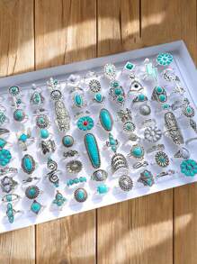 Conjunto de 44 anéis de metal com flor turquesa estilo boêmio, presentes para mulheres em datas comemorativas, acessórios para combinações diárias
