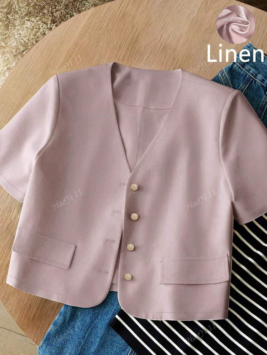 Blazer casual in lino con scollo a V, maniche corte e vestibilità morbida, adatto per primavera/estate da donna