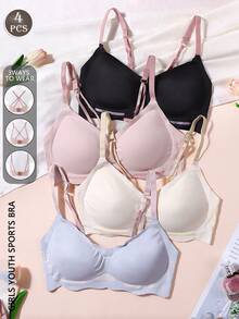 Sutiã sem costura para meninas com 4 peças e costas lindas para adolescentes, confortável e respirável, 3 maneiras de usar, antiflacidez para meninas durante o período de desenvolvimento, adequado para sutiãs diários e esportivos