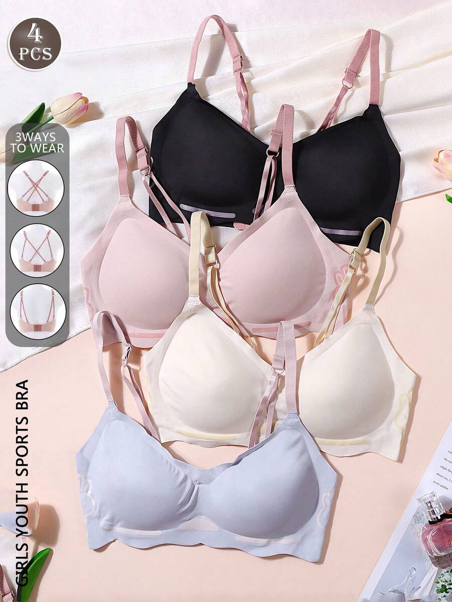 Sutiã sem costura para meninas com 4 peças e costas lindas para adolescentes, confortável e respirável, 3 maneiras de usar, antiflacidez para meninas durante o período de desenvolvimento, adequado para sutiãs diários e esportivos