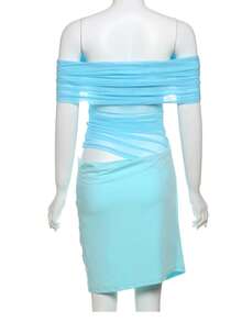 夏季露肩透视网眼拼接短款紧身迷你连衣裙