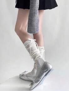 1/2 双女式芭蕾风格条纹及膝袜，带蝴蝶结装饰，白色/黑色，适合春/夏/秋季，Y2K