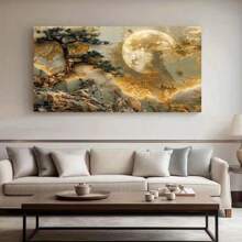 Grande impression d'art sur canevas sans cadre - Lever de soleil doré, pin 3D et pierre, décoration murale moderne pour salon ou chambre à coucher, art mural sur canevas