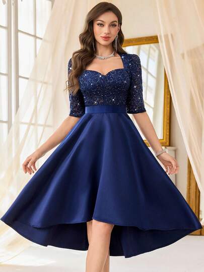 MIUSOL Sequin Floral Lace Contrast Satin Sweetheart Neck Half Sleeve Prom Party Swing Dress