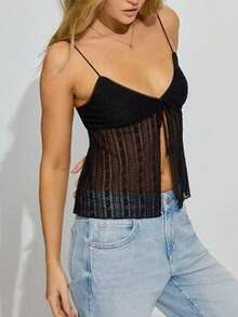 Women Tie Front Lace Top Sleeveless Cami Tank Deep V Neck Going Out Crop Tops Backless Summer Flowy Vest Shirt Streetwear - màu đen - Xem 2