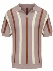 针织套衫，条纹撞色休闲针织 Polo 衫男士短袖针织 Polo 衫条纹设计休闲舒适时尚夏装柔软面料经典领口男士服装日常户外服装百搭时尚男士 Polo 衫 - 淡紫色 - 查看 2