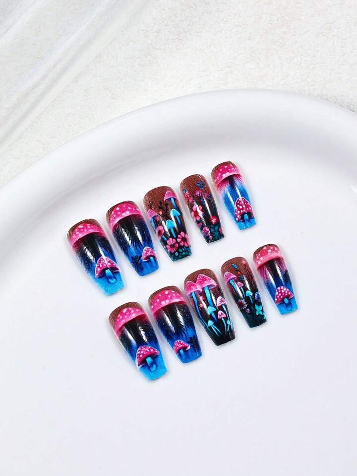 24PCS Gradient Dreamy Mushroom Leaves Nail Supplies And 1 Nail File Strip+1 Double-Sided Tape
