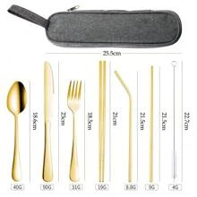 Edelstahl-Geschirr-Set, tragbares Strohhalm-Essstäbchen-Löffel-Gabel-Set mit Aufbewahrungstasche, Geschirr-Set