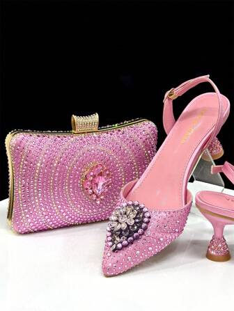 Venus Chan 意大利设计水钻镶嵌女士派对女鞋和包尼日利亚金色迷你包女士高跟鞋